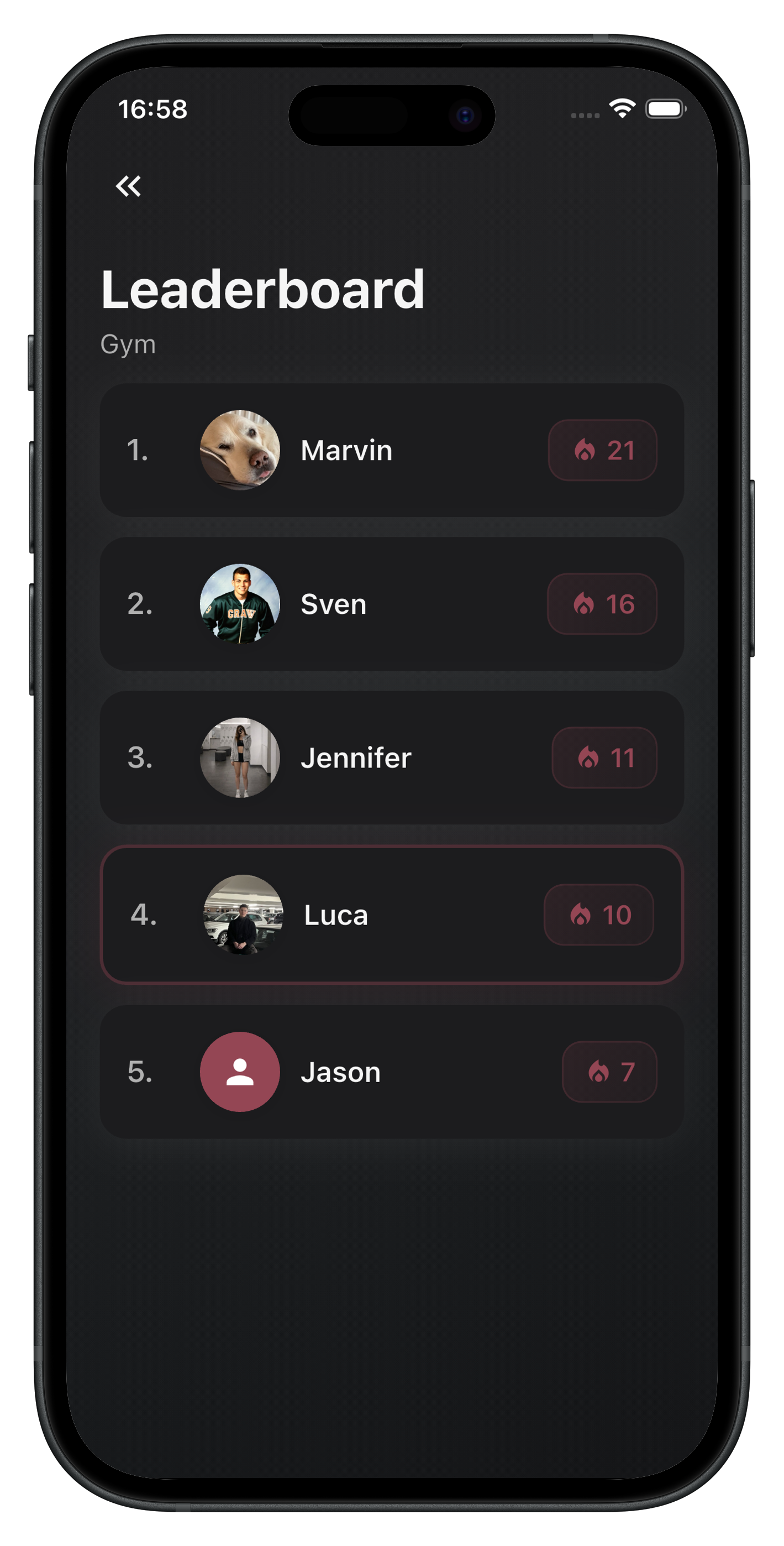 Leaderboard showing streak rankings